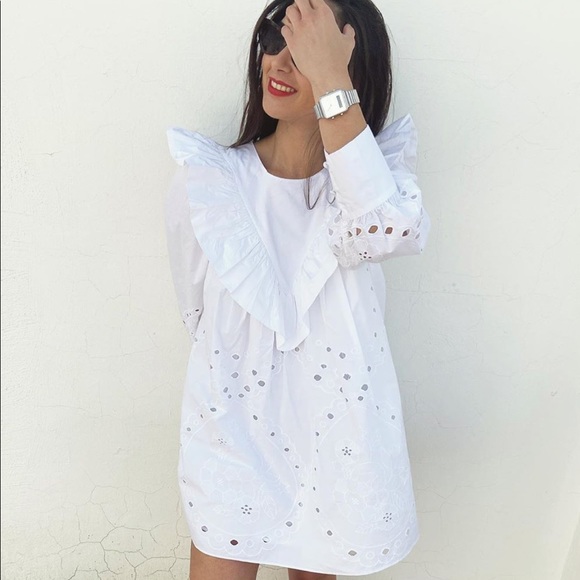 NWT Zara White Ruffled Openwork Embroidery Dress - Picture 7 of 9